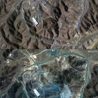 Ce montage de photos créé le 22 juin 2025 à partir d'images satellites fournies par Maxar Technologies montre l'usine d'enrichissement de combustible de Fordo (FFEP) en Iran, au nord-est de la ville de Qom, le 19 juin 2025 (en haut), et l'usine d'enrichissement de combustible de Fordo (FFEP), au nord-est de la ville de Qom, après les frappes américaines sur le site le 22 juin 2025 (en bas). (Crédit : image satellite ©2025 Maxar Technologies/AFP)