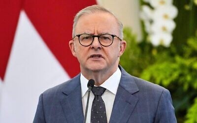 Le Premier ministre australien Anthony Albanese s'exprimant lors d'une conférence de presse conjointe avec le président indonésien Prabowo Subianto après leur réunion bilatérale, au palais Merdeka, à Jakarta, en Indonésie, le 15 mai 2025. (Crédit : Dita Alangkara/AP)