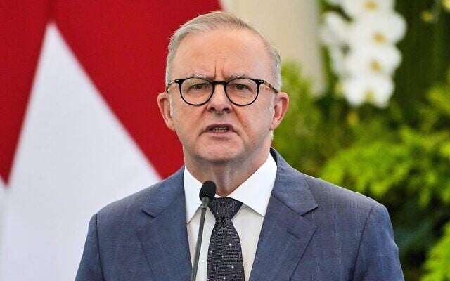 Le Premier ministre australien Anthony Albanese s'exprimant lors d'une conférence de presse conjointe avec le président indonésien Prabowo Subianto après leur réunion bilatérale, au palais Merdeka, à Jakarta, en Indonésie, le 15 mai 2025. (Crédit : Dita Alangkara/AP)