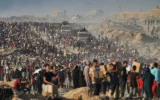 Des Palestiniens transportent des sacs et des boîtes contenant de la nourriture et de l'aide humanitaire déchargés d'un convoi du Programme alimentaire mondial qui se dirigeait vers la ville de Gaza, dans le nord de la bande de Gaza, le 16 juin 2025. (AP / Jehad Achrafi)