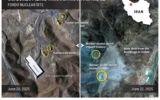 Ce montage photos compare l’installation nucléaire iranienne de Fordo avant et après le bombardement du site par les États-Unis le 20 juin 2025. (Crédit : AP Graphic)