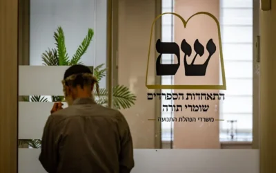 L’entrée des bureaux du parti Shas à Jérusalem, le 4 juin 2025. (Chaim Goldberg/Flash90)