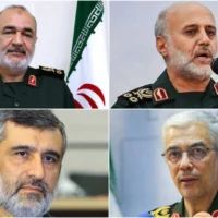 En haut (de gauche à droite) : le chef du CGRI, Hossein Salami, le chef du quartier général central de Khatam-al Anbiya, Gholam Ali Rashid ; En bas (de gauche à droite) : le chef de l'armée de l'air du CGRI, Amir Ali Hajizadeh et le chef des forces armées iraniennes, Mohammad Hossein Bagheri. Tous ont été tués dans des frappes israéliennes sur l'Iran, le 13 juin 2025. (CGRI ; Tasnim News ; Autorisation)