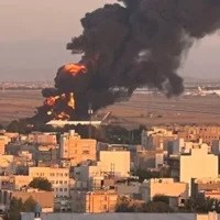 Un avion ravitailleur iranien en feu à l'aéroport de Mashhad, dans le nord-est de l'Iran, après une frappe israélienne, le 15 juin 2025. (Crédit : Réseaux sociaux ; utilisée conformément à la clause 27a de la loi sur le droit d'auteur)