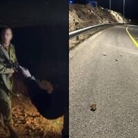 Montage de photos : Le commandant du 7114ᵉ bataillon de la brigade régionale de Binyamin se querellant avec des résidents d’implantations, près du village de Kafr Malik, en Cisjordanie ; des pierres lancées par des résidents d’implantations dans la région, le 28 juin 2025. (Crédit : Autorisation)