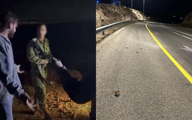 Montage de photos : Le commandant du 7114ᵉ bataillon de la brigade régionale de Binyamin se querellant avec des résidents d’implantations, près du village de Kafr Malik, en Cisjordanie ; des pierres lancées par des résidents d’implantations dans la région, le 28 juin 2025. (Crédit : Autorisation)