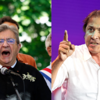 A droite : Le fondateur du parti français de gauche La France Insoumise (LFI), Jean-Luc Mélenchon, le 1er mai à Paris, le 1er mai 2025. A gauche : Le député socialiste Jérôme Guedj prononce un discours lors du 81e congrès du Parti socialiste (PS) au centre des congrès Prouvé à Nancy, dans le nord-est de la France, le 14 juin 2025. (Crédits : ROMEO BOETZLE et Ian LANGSDON / AFP - Montage : Times of Israël)