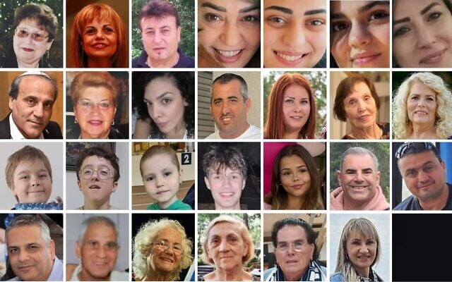 Montage photos des 28 victimes des missiles iraniens en juin 2025, de gauche à droite : Yevgenia Blinder, Eti Cohen Angel, Yisrael Aloni, Manar Khatib, Shada Khatib, Hala Khatib, Manar Khatib, Miki Nahum, Belina Ashkenazi, Efrat Saranga, Meïr Vaknin, Mariia Pieshkurova, Daisy Yitzkahi, Hadassah Belo, Kostiantyn Tutevich, Illia Pieshkurov, Anastasia Buryk ; Cpl. Eitan Zacks, Noa Boguslavsky, Uri Levy, Igor Fradkin, Daniel Avraham, Avraham Cohen, Naomi Shaanan, Ivette Shmilovitz, Yaakov Belo et Michal Zacks. Aucune image d'Olena Sokolova n'est disponible. (Crédit : Times of Israel/Autorisation)