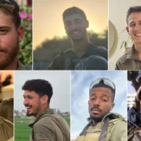 En haut, de gauche à droite : Le lieutenant Matan Shai Yashinovski, le sergent-chef Ronel Ben-Moshe, le sergent Ronen Shapiro ; en bas, de gauche à droite : le sergent Maayan Baruch Pearlstein, le sergent-chef Niv Radia, le sergent Shahar Manoav et le sergent-chef Alon Davidov. L'armée israélienne a annoncé que les sept soldats avaient été tués lors de combats dans le sud de la bande de Gaza le 24 juin 2025. (Crédit : Armée israélienne)