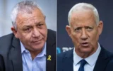 De gauche à droite : Le député Gadi Eisenkot assistant à une réunion de la faction HaMahane HaMamlahti, à la Knesset, à Jérusalem, le 26 mai 2025 ; le chef du parti HaMahane HaMamlahti, le député Benny Gantz, dirigeant une réunion de faction, à la Knesset, à Jérusalem, le 5 mai 2025. (Crédits : Noam Revkin Fenton/Flash90 ; Yonatan Sindel/Flash90)