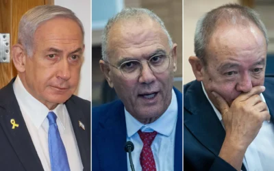 A gauche :  Le Premier ministre Benjamin Netanyahu au tribunal de district de Tel Aviv, avant le début de son témoignage dans le procès intenté contre lui le 9 juin 2025. (Crédit : Yariv Katz/POOL) ;Au centre : Yossi Shelli s'exprime à la Knesset à Jérusalem, le 5 juin 2024. (Yonatan Sindel/Flash90) ; A droite : Eliezer Marom à la Knesset à Jérusalem, le 29 juillet 2024. (Crédit : Oren Ben Hakoon/Flash90)
