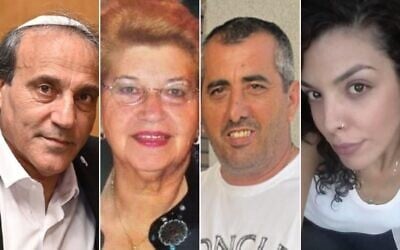 De gauche à droite : Michael Nahum, 61 ans ; Belina Ashkenazi, 94 ans ; Meïr Vaknun, 56 ans ; Efrat Saranga, 44 ans. Tous ont été tués lorsqu'un missile balistique iranien a frappé un immeuble résidentiel de Bat Yam le 15 juin 2025. (Crédit : Réseaux sociaux ;  utilisées conformément à la clause 27a de la loi sur le droit d'auteur)