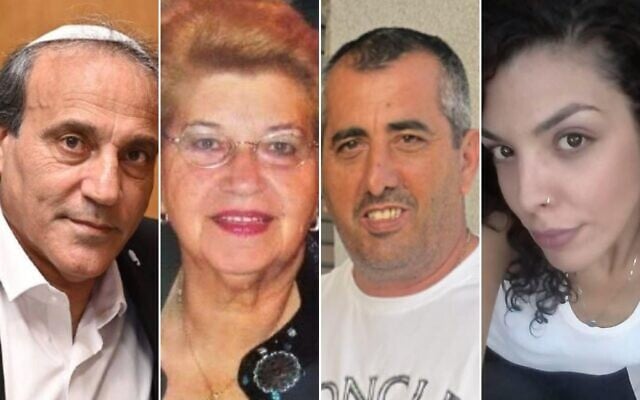 De gauche à droite : Michael Nahum, 61 ans ; Belina Ashkenazi, 94 ans ; Meïr Vaknun, 56 ans ; Efrat Saranga, 44 ans. Tous ont été tués lorsqu'un missile balistique iranien a frappé un immeuble résidentiel de Bat Yam le 15 juin 2025. (Crédit : Réseaux sociaux ;  utilisées conformément à la clause 27a de la loi sur le droit d'auteur)