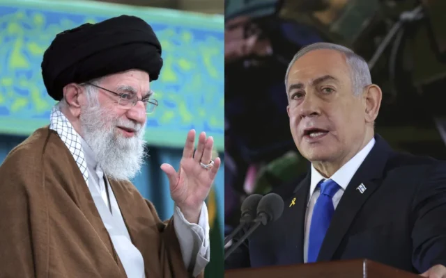 Le guide suprême iranien, l'ayatollah Ali Khamenei (à gauche), salue la foule lors d'un rassemblement à Téhéran, en Iran, le 27 octobre 2024. (Bureau du guide suprême iranien via AP) ; le Premier ministre Benjamin Netanyahu s'exprime lors d'une cérémonie marquant l'anniversaire, selon le calendrier hébraïque, de l'attaque sanglante du Hamas du 7 octobre 2023, à Jérusalem, le 27 octobre 2024. (Crédit : Gil Cohen-Magen/Pool Photo via AP)