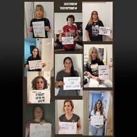 Montage de photos de membres des familles des otages tenant des pancartes indiquant "Pas d'abri pour les otages", le 19 mai 2025. (Autorisation : Mishmeret 101)