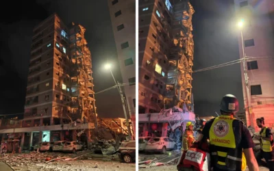 Dégâts observés dans un bâtiment à Bat Yam à la suite d'une salve de missiles iraniens, tôt le matin du 15 juin 2025. (Image utilisée conformément à la clause 27a de la loi sur le droit d'auteur)