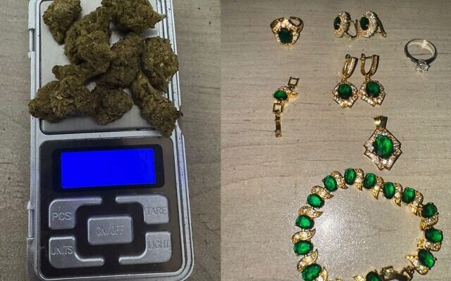 Bijoux et drogue qui auraient été pillés dans un appartement de Bat Yam endommagé par une frappe de missile iranien, en juin 2025. (Crédit : Police israélienne)
