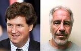 De gauche à droite : Tucker Carlson au Capitole des États-Unis à Washington, DC, le 20 janvier 2025. (Crédit : Pool/Getty Images North America/AFP) ; une photo fournie par le registre des délinquants sexuels de l'État de New York montre le financier en disgrâce Jeffrey Epstein, le 28 mars 2017. (Crédit : Registre des délinquants sexuels de l'État de New York via AP)