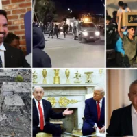 Dans le sens des aiguilles d'une montre, en partant du haut : Zohran Mamdani, candidat démocrate à la mairie de New York (Crédit : AP Photo/Heather Khalifa) ; Une émeute d'extrémistes juifs devant la base militaire de la brigade régionale de Binyamin en Cisjordanie, 29 juin 2025 (Capture d'écran : X ) ; Des Palestiniens ramassant des colis alimentaires dans un point de distribution mis en place par la Fondation humanitaire de Gaza, le 25 juin 2025 (Crédit : Eyad BABA / AFP) ; Le député Gadi Eisenkot, le 1er juillet 2025. (Crédit : Erik Marmor/Flash90) ; Le Premier ministre Benjamin Netanyahu et le président américain Donald Trump dans le bureau ovale, le 7 avril 2025. (Crédit : Kevin Dietsch / Getty Images via AFP) ; Des immeubles résidentiels détruits par un tir de missile iranien à Bat Yam, au centre d'Israël, le 15 juin 2025. (Crédit :  AP Photo/Baz Ratner)
