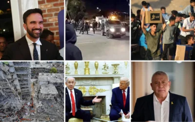 Dans le sens des aiguilles d'une montre, en partant du haut : Zohran Mamdani, candidat démocrate à la mairie de New York (Crédit : AP Photo/Heather Khalifa) ; Une émeute d'extrémistes juifs devant la base militaire de la brigade régionale de Binyamin en Cisjordanie, 29 juin 2025 (Capture d'écran : X ) ; Des Palestiniens ramassant des colis alimentaires dans un point de distribution mis en place par la Fondation humanitaire de Gaza, le 25 juin 2025 (Crédit : Eyad BABA / AFP) ; Le député Gadi Eisenkot, le 1er juillet 2025. (Crédit : Erik Marmor/Flash90) ; Le Premier ministre Benjamin Netanyahu et le président américain Donald Trump dans le bureau ovale, le 7 avril 2025. (Crédit : Kevin Dietsch / Getty Images via AFP) ; Des immeubles résidentiels détruits par un tir de missile iranien à Bat Yam, au centre d'Israël, le 15 juin 2025. (Crédit :  AP Photo/Baz Ratner)