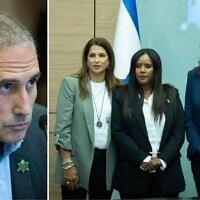 Le député Hanoch Milwidsky (à gauche) préside une réunion de la commission des finances de la Knesset, le 29 juillet 2025. (Chaim Goldberg/Flash90) ; (De gauche à droite) Les députés Meirav Ben-Ari, Pnina Tamano-Shata et Efrat Rayten lors d'une conférence de presse contre la nomination de Milwidsky à la présidence de la commission des finances, le 29 juillet 2025. (Crédit : Chaim Goldberg/Flash90)