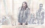 Ce croquis d'audience réalisé le 4 novembre 2021 montre Osama Krayem jugé pour les attentats de Paris du 13 novembre 2015, lors du procès qui se déroule dans une salle d'audience temporaire installée au Palais de Justice de Paris. (Crédit : Benoit PEYRUCQ / AFP)