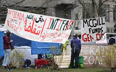 Des étudiants et des militants pro-palestiniens et anti-Israël protestent sur le campus de l'Université McGill, à Montréal (Canada), le 29 avril 2024. (Crédit : Graham Hughes / AFP)