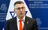 Le ministre des Affaires étrangères Gideon Saar lors d'une conférence de presse conjointe avec son homologue lituanien au ministère des Affaires étrangères à Vilnius le 1er juillet 2025. (Petras Malukas / AFP)