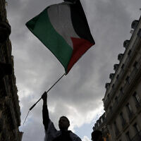 Un manifestant brandit un drapeau palestinien lors d'une manifestation organisée par l'organisation française "France Palestine Solidarité" à Paris, le 27 mai 2024. (Crédit : Geoffroy VAN DER HASSELT / AFP)
