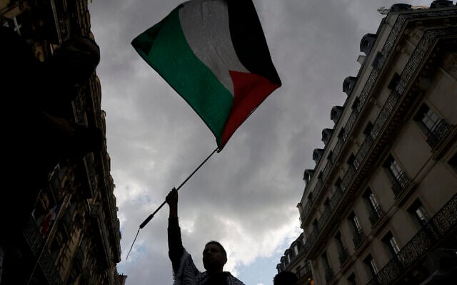 Un manifestant brandit un drapeau palestinien lors d'une manifestation organisée par l'organisation française "France Palestine Solidarité" à Paris, le 27 mai 2024. (Crédit : Geoffroy VAN DER HASSELT / AFP) Un manifestant brandit un drapeau palestinien lors d'une manifestation organisée par l'organisation française "France Palestine Solidarité" à Paris, le 27 mai 2024. (Crédit : Geoffroy VAN DER HASSELT / AFP)