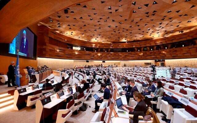 Réunion du Conseil des droits de l'homme des Nations unies, à Genève, en Suisse, le 2 mars 2022. (Crédit : Denis Balibouse/Pool via AP) Réunion du Conseil des droits de l'homme des Nations unies, à Genève, en Suisse, le 2 mars 2022. (Crédit : Denis Balibouse/Pool via AP)