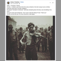 Un post de la page Facebook « History Timelines » utilisant une image IA et une histoire inventée pour parler de la Shoah, en juillet 2025. (Crédit : History Timelines/Facebook)