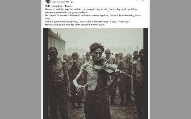 Un post de la page Facebook « History Timelines » utilisant une image IA et une histoire inventée pour parler de la Shoah, en juillet 2025. (Crédit : History Timelines/Facebook)