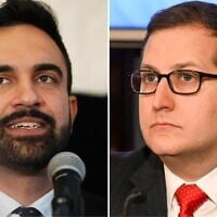 Le candidat démocrate à la mairie de New York, Zohran Mamdani, prend la parole lors de la soirée électorale des primaires, à New York, le 25 juin 2025. (AP Photo/Heather Khalifa) ; Micah Lasher, directeur des affaires politiques de la gouverneure Kathy Hochul, écoute cette dernière présenter son budget exécutif dans la salle rouge du Capitole de l'État, le 1er février 2023, à Albany, New York. (Crédit : Hans Pennink/AP)
