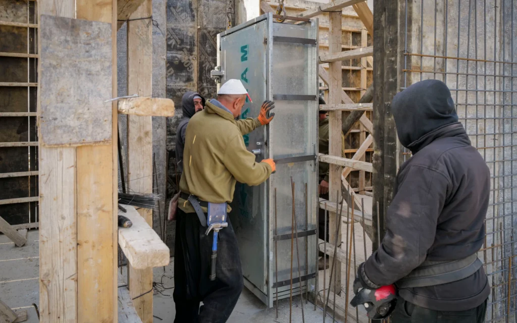 Des ouvriers druzes construisant un abri antiatomique (mamad), à Katzrin, sur le plateau du Golan, le 26 janvier 2025. (Crédit : Michael Giladi/FLASH90)