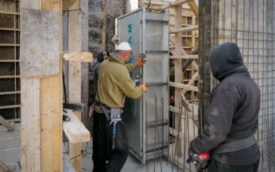 Des ouvriers druzes construisent une chambre protégée (mamad) à Katzrin, sur le plateau du Golan, le 26 janvier 2025. (Crédit : Michael Giladi/FLASH90)