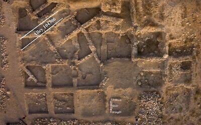 Vue aérienne verticale de la zone E des fouilles de la Gath biblique (Tell es-Safi moderne), où un âne a été trouvé dans un quartier de l'âge du bronze ancien (Crédit : Skyview Inc.).