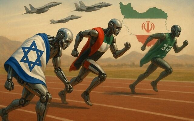 Image générée par l’intelligence artificielle d'un cyborg drapé d'un drapeau d'Israël qui se fait distancer dans une course avec deux autres cyborgs, l'un portant le drapeau des Émirats arabes unis et l'autre celui de l'Arabie saoudite, tandis que des avions de combat israéliens et un drapeau de la République islamique apparaissent en arrière-plan. (Crédit : Shoshanna Solomon via DALL-E)