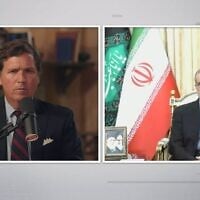 Le commentateur américain Tucker Carlson (à gauche) s'entretenant avec le président iranien Masosud Pezeshkian, dans une interview diffusée le 7 juillet 2025. (Crédit : Capture d'écran de l'émission Tucker Carlson Show)