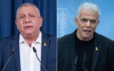 A gauche, Gadi Eisenkot tient une conférence de presse après avoir annoncé sa démission de la Knesset, à Tel Aviv, le 1er juillet 2025. (Crédit : rik Marmor/Flash90) ; A droite, le chef de l'opposition Yair Lapid, qui dirige le parti Yesh Atid, dirige une réunion de faction à la Knesset à Jérusalem, le 30 juin 2025. (Crédit : Chaim Goldberg/Flash90)