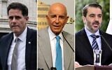 Montage photos (de gauche à droite) : Le ministre des Affaires stratégiques Ron Dermer, l'envoyé spécial américain en Syrie Tom Barrack et le ministre syrien des Affaires étrangères Asaad al-Shaibani. (Crédit : Montage/AFP)