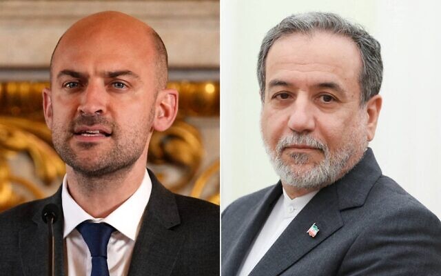 Montage photos (de gauche à droite) : Le ministre français de l'Europe et des Affaires étrangères, Jean-Noël Barrot, s'exprimant au ministère de l'Europe et des Affaires étrangères, à Paris, le 4 juillet 2025 ; le ministre iranien des Affaires étrangères Abbas Araghchi avant une réunion avec le président russe, au Kremlin, à Moscou, le 23 juin 2025. (Crédits : Aurelien Morissard ; Alexander Kazakov/AFP)