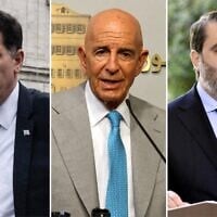 Montage photos (de gauche à droite) : Le ministre des Affaires stratégiques Ron Dermer, l'envoyé spécial américain en Syrie Tom Barrack et le ministre syrien des Affaires étrangères Asaad al-Shaibani. (Crédit : Montage/AFP)