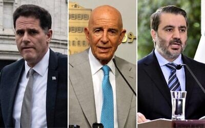 Montage photos (de gauche à droite) : Le ministre des Affaires stratégiques Ron Dermer, l'envoyé spécial américain en Syrie Tom Barrack et le ministre syrien des Affaires étrangères Asaad al-Shaibani. (Crédit : Montage/AFP)