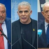 Montage photos (de gauche à droite) : Le chef du parti Yisrael Beytenu, Avigdor Liberman, le chef de l'opposition Yaïr Lapid et le chef du parti Kakhol Lavan-HaMahane HaMamlahti, Benny Gantz, lors des réunions de leurs factions respectives de la Knesset, à Jérusalem, le 14 juillet 2025. (Crédits : Yonatan Sindel/Flash90)