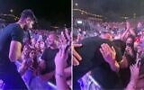 Le chanteur israélien Idan Amedi retrouve le secouriste qui lui a prodigué les premiers soins lorsqu'il a été blessé dans des combats à Gaza l'année dernière, lors du festival de musique Hutzot Hayotzer à Jérusalem, le 16 août 2025. (Crédit : Capture d'écran : X, utilisée conformément à la clause 27a de la loi sur le droit d'auteur)