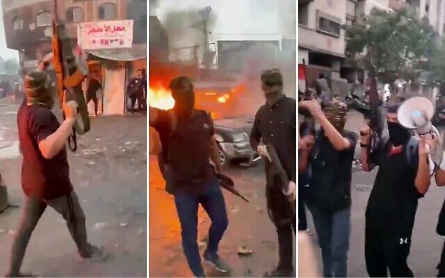 Des captures d'écran d'images partagées sur les réseaux sociaux montrant des hommes prétendant appartenir à la branche armée du Hamas lors d'une démonstration de force publique à Gaza-City, le 11 août 2025. (captures d'écran : X)