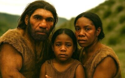 Reconstitution par IA d'une famille mixte Néandertal-Homo sapiens. (Crédit : Autorisation)