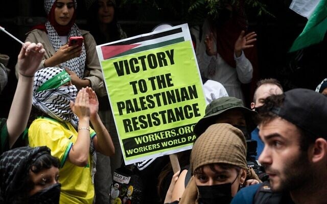 Des manifestants socialistes anti-Israël à New York, le 5 juin 2024. (Crédit : Luke Tress/Times of Israel)