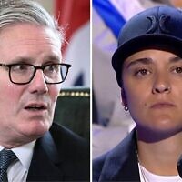 De gauche à droite : le Premier ministre britannique Keir Starmer s'adresse aux médias lors d'une réunion bilatérale avec le président américain Donald Trump au Trump Turnberry Golf Courses, à Turnberry, dans le sud-ouest de l'Écosse, le 28 juillet 2025. (Crédit : Brendan SMIALOWSKI/AFP) ; L'otage libérée Emily Damari allume une torche lors de la cérémonie d'ouverture préenregistrée du 77e anniversaire de l'indépendance d'Israël, diffusée le 30 avril 2025 (Capture d'écran).